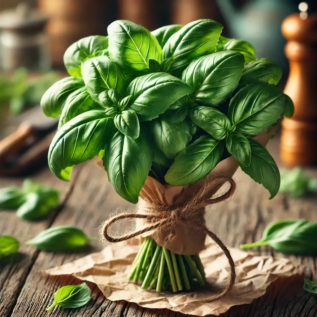 Fresh basil leaves on a wooden cutting board, ideal for cooking and garnishing dishes