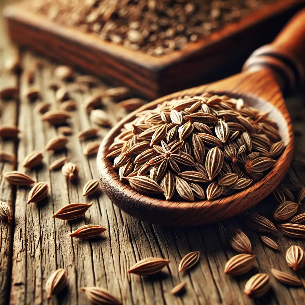 Caraway seeds in a small wooden bowl surrounded by fresh caraway leaves.