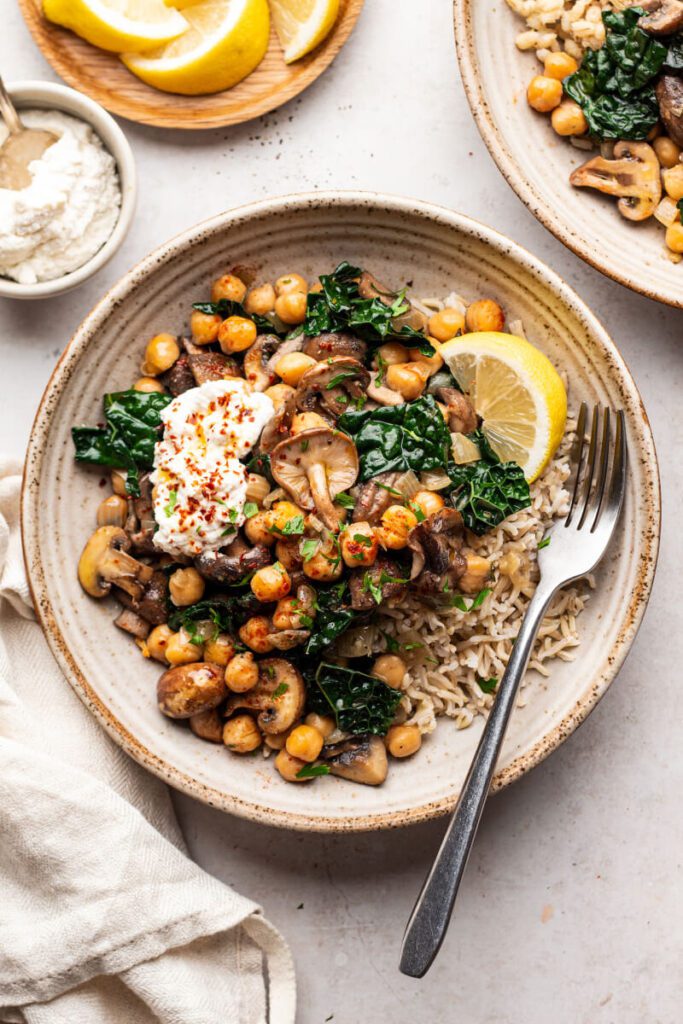 Easy and delicious garbanzo beans and mushroom over bed of rice